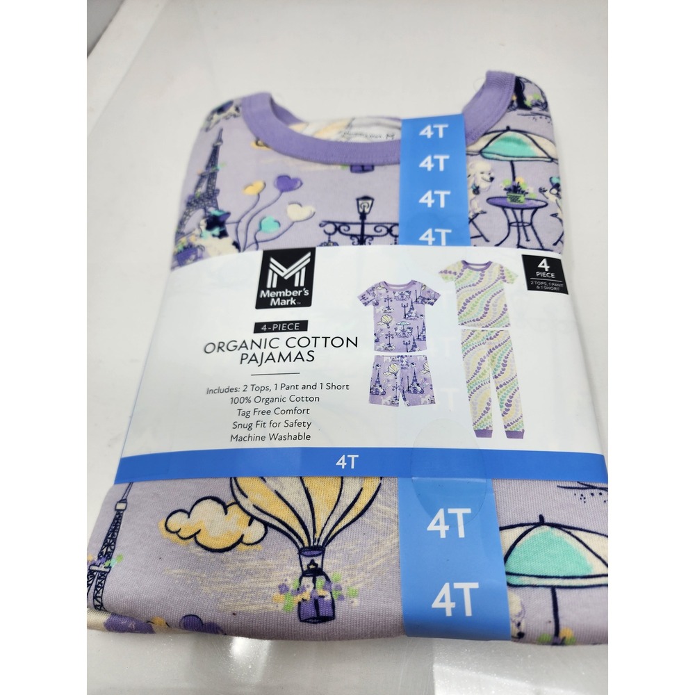 Member's Mark Girls Paris Hearts Pajamas Purple Cotton Casual Size 4T